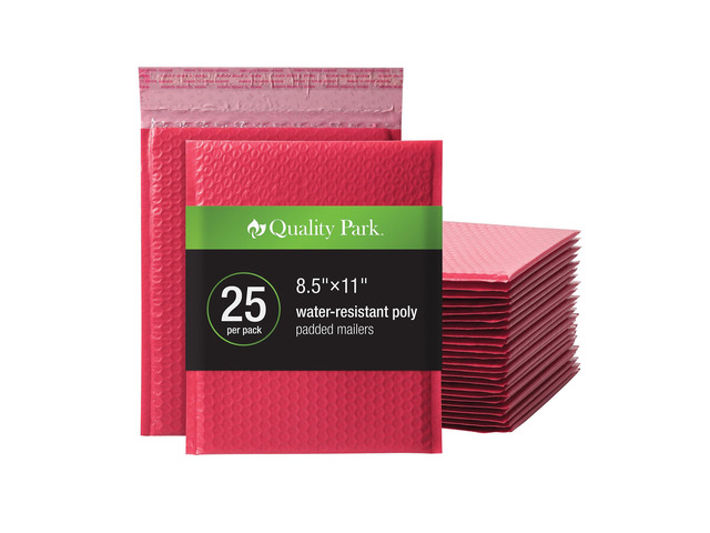 Bubble Mailers, 8.5 x 11 Shipping Envelopes, Water Resistant Red Poly Padded Envelopes, Redi-Strip Peel Off Closure, 25/Box (QUA85869)