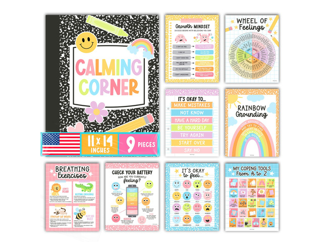 9 Calming Corner Classroom Must Haves, Coping & Feelings Poster for Kids Calm Corner Posters with Emotions Chart, School Counselor Mental Health...