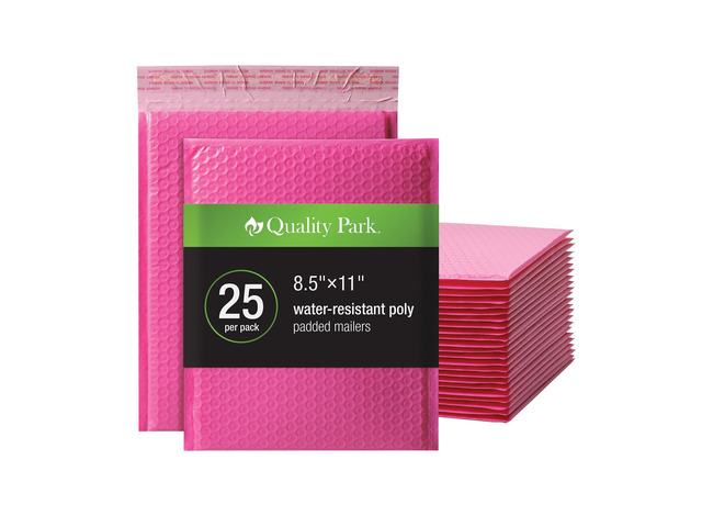 Bubble Mailers, 8.5 x 11 Shipping Envelopes, Water Resistant Pink Poly Padded Envelopes, Redi-Strip Peel Off Closure, 25/Box (QUA85861)