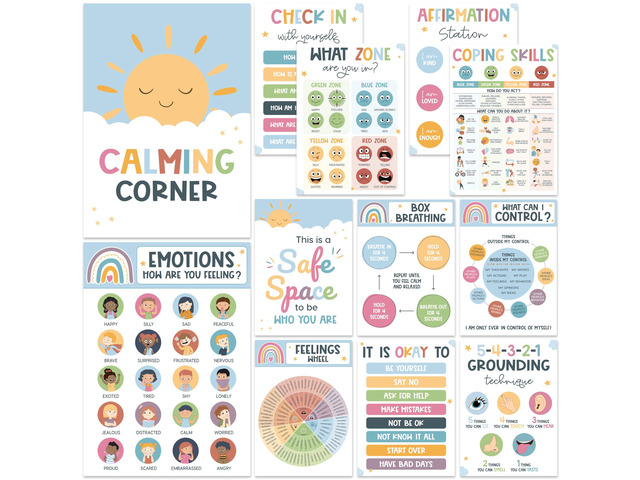 Calming Corner Classroom Posters, 12 Pack Boho Emotions Chart Feelings Wheel for Kids & Teachers, Calm Down Corner Supplies, Therapy Office Decor,...