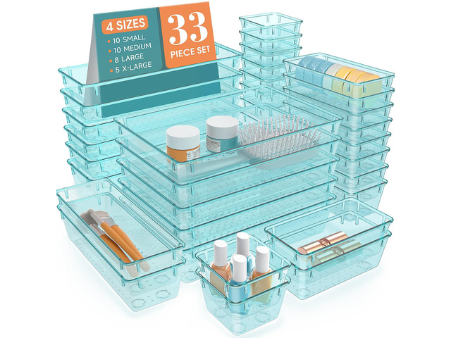 33 PCS Plastic Drawer Organizers Set, 4 Size Desk Drawer Organizer Trays 4 Size Desk Drawer Organizer Trays for Makeup, Jewelry, Kitchen Utensils,...