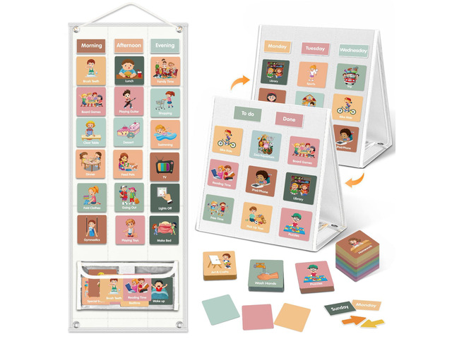 Large Visual Schedule for Kids Chore Reward Chart,Bedtime Routine Chart for Toddlers,Double Side Schedule Board with 109 Cards for Home School...