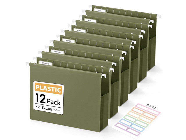 Extra Capacity Plastic Hanging File Folders, File Organizer 12 Counts Expanding File Folders Letter Size with 2' Expansion, 1/6-Cut Adjustable Tabs...