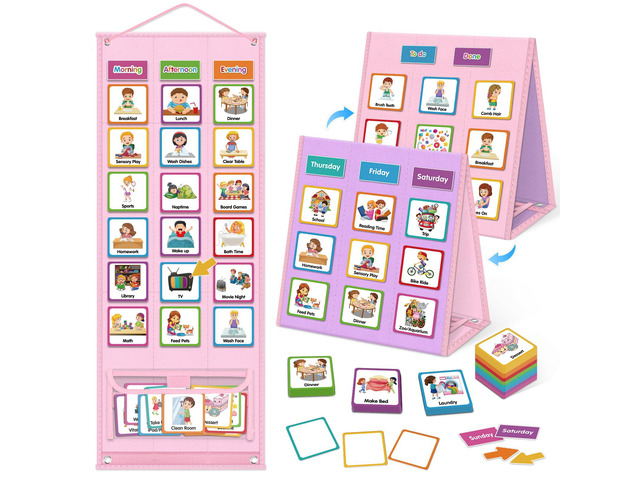 Large Visual Schedule for Kids Chore Reward Chart,Bedtime Routine Chart for Toddlers,Double Side Schedule Board with 109 Cards for Home School...