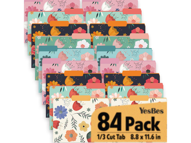 84 Pack Decorative File Folders, 1/3 Cut Tab Floral Colored Folders Letter Size 8.8 x 11.6 Inch, Assorted 6 Styles Filing Folder for Office School...