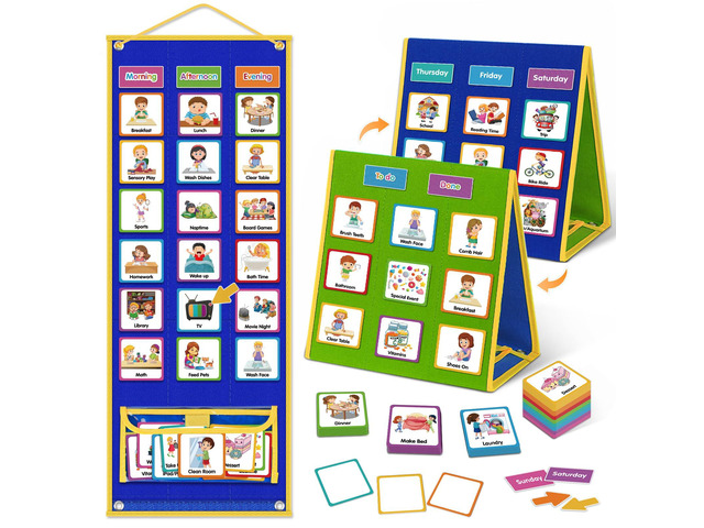 Large Visual Schedule for Kids Chore Reward Chart,Bedtime Routine Chart for Toddlers,Double Side Weekly Planner Board With 109 Cards for Home...