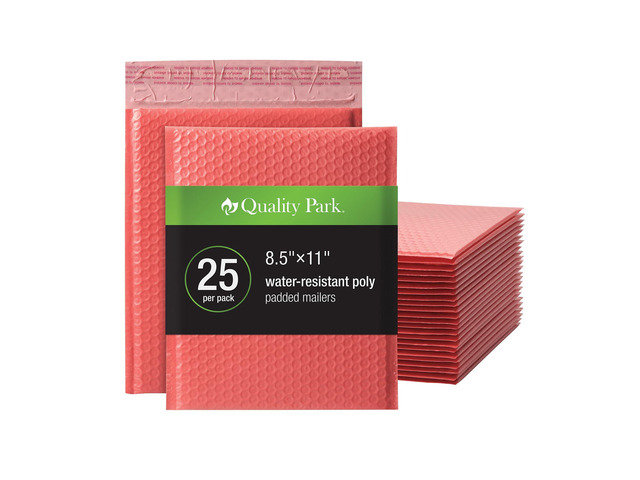 Bubble Mailers, 8.5 x 11 Shipping Envelopes, Water Resistant Coral Poly Padded Envelopes, Redi-Strip Peel Off Strip, 25/Box (QUA85871)