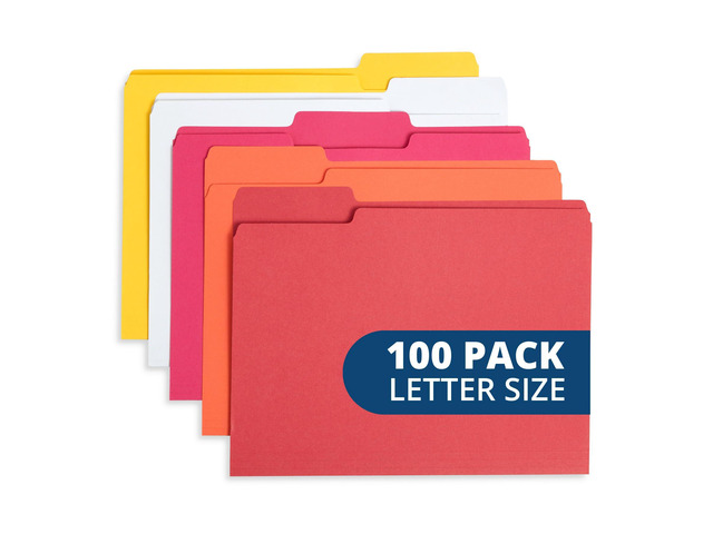 100 File Folders, Letter Size, 1/3 Cut, Warm Colors Durable 11pt, 1/3 Cut Top Tab, Warm Color Tones, for Office, School, and Home File Organization