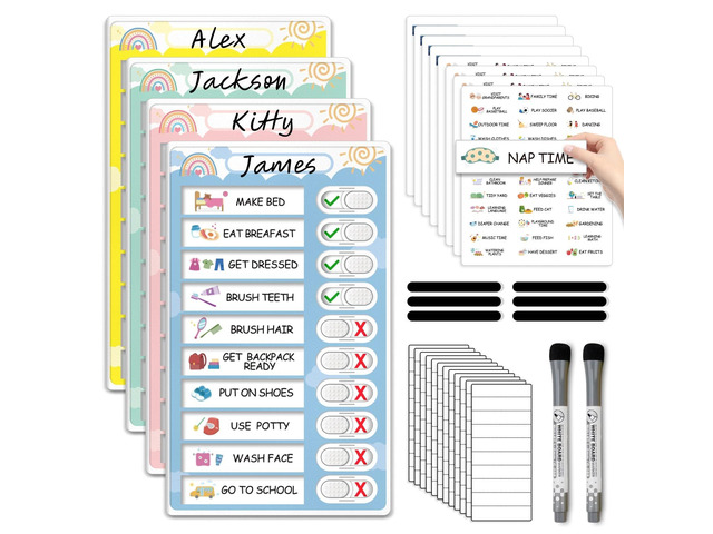 4 in 1 Namable Chore Chart for Kids, Dry Erase Morning/Bedtime Routine Chart for Kids for Refrigerator, Magnetic Visual Schedule for Kids Toddlers...