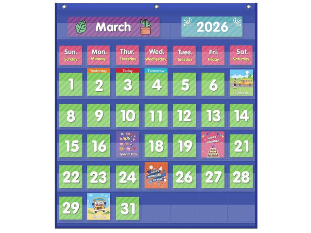 Classroom Monthly Calendar Pocket Chart with 71 Cards for Kids Learning for Home,Blue