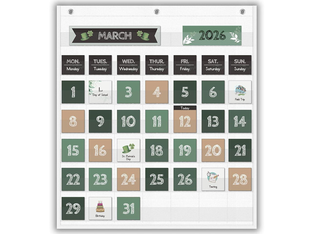 Boho Greenery Calendar Pocket Chart with 82 Cards for Kids Learning,Classroom and Home School Décor