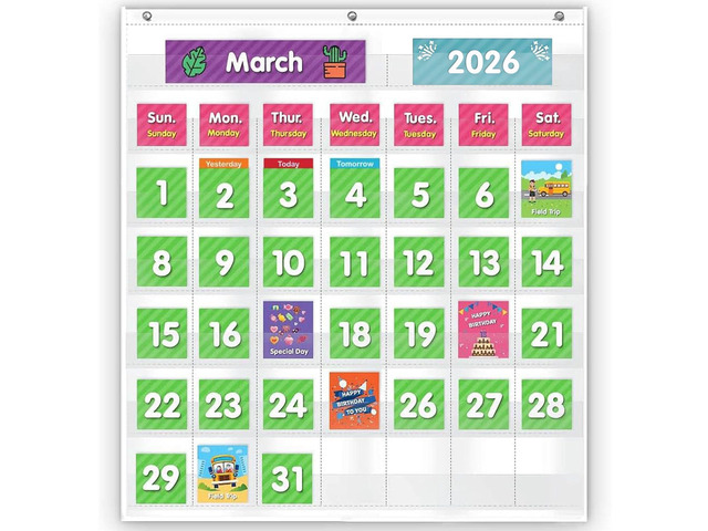 Classroom Monthly Calendar Pocket Chart with 71 Cards for Kids Learning for Home,White