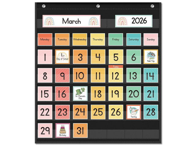 Rainbow Colorful Calendar Pocket Chart for Kids,Preschool Kindergarten Classroom Elementary Must Haves,Classroom Decorations Decor,Homeschool...