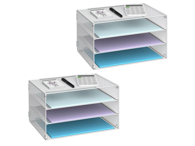 3 Tier Letter Tray Paper Organizer with Sliding Trays 2 Pack White Metal Mesh File Organizer with Sliding Trays for Letter and A4 Paper, Mail,...
