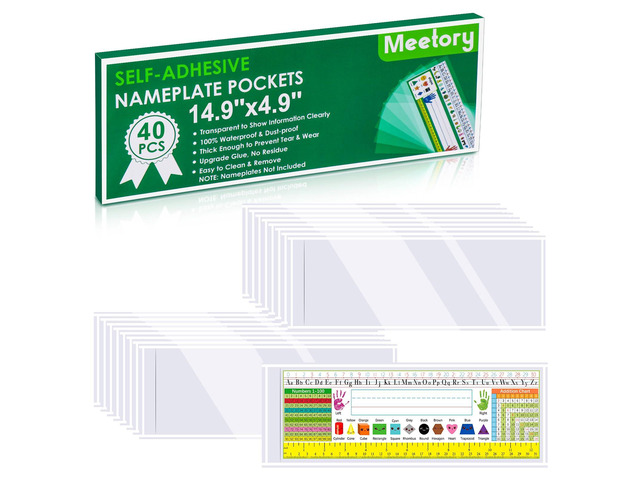 40 PCS Nameplate Pocket - 14.9' x 4.9' Self Adhesive Desk Nameplates Name Tag- Pocket, No Residue Clear Plastic View Name Tag- Sleeves for...