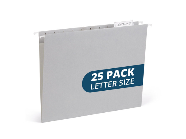25 Hanging File Folders, Letter Size, Gray Reinforced 11pt, 1/5 Cut Tabs, Plastic Tabs and Inserts Included, for Filing Cabinet, Home, and Office Use