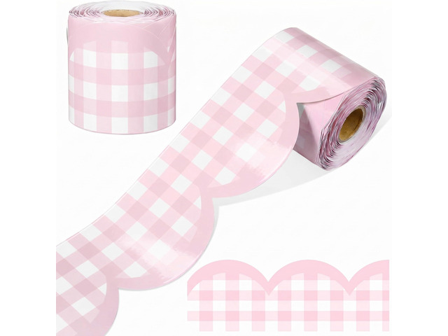 65ft Pink Gingham Bulletin Board Border Pastel Scalloped Bulletin Board Trim Back to School Classrooms Decoration for Party Whiteboard, Walls,...