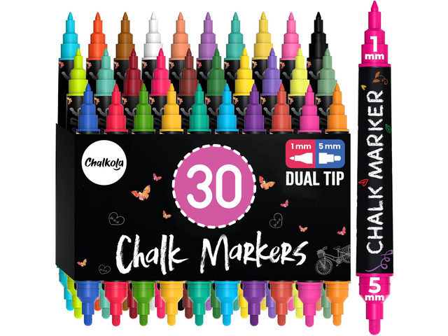 30 Dual Tip Liquid Chalk Markers For Windows, Glass, Blackboard (30 Pack, 1mm Fine Tip +5mm Bold) - Wet Erase, Erasable Chalkboard Markers, Chalk...