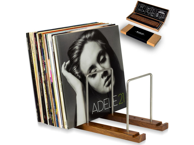 Vinyl Record Storage Holder, 75 LPs, Solid Walnut & Steel Adjustable Dividers, Gift-Boxed, Stable Record Storage
