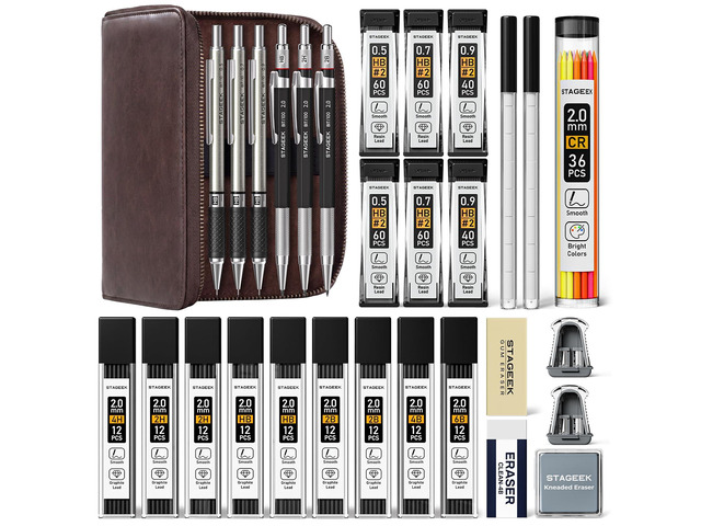 30PCS Mechanical Pencil Set with Leather Bag, 0.5, 0.7, 0.9 2mm Drawing Pencils with 464PCS Lead Refills (6B 4B 2B HB 2H 4H Color), Erasers,...