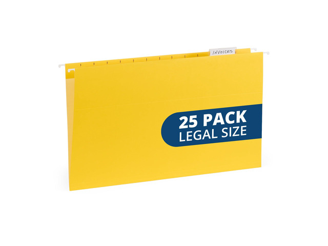 25 Hanging File Folders, Legal Size, Yellow Reinforced 11pt, 1/5 Cut Tabs, Plastic Tabs and Inserts Included, for Filing Cabinet, Home, and Office Use
