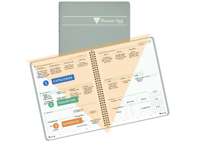 Spiral Bound October 2026 September 2027 8 1/2' x 11' Large 3-Tier Funnel Down 12 Month/Weekly Organizer, Greenish Grey Cover/Soft Green Ink