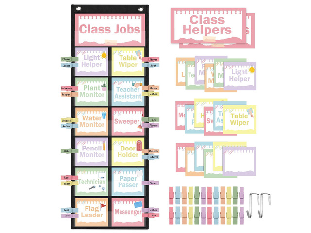 Pastel Class Jobs Pocket Chart Class Helpers Pocket Chart Classroom Jobs Cards with Clips and Hooks Teacher Helper Bulletin Board Set, for Back to...