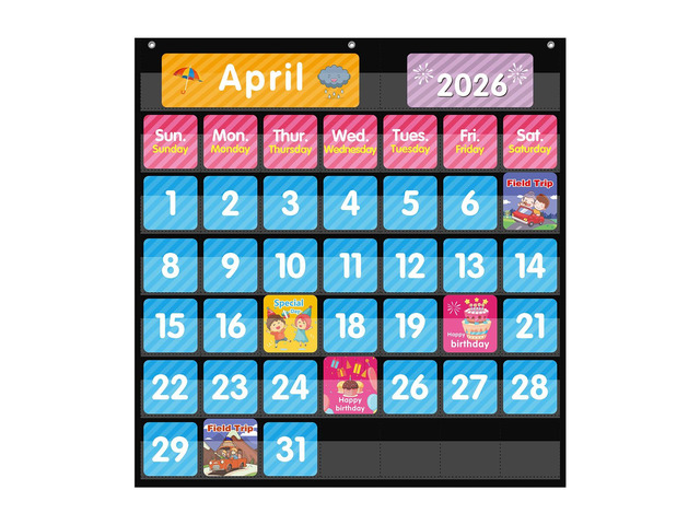 Large 44 Pockets Calendar Pocket Chart for Classroom with 85 Cards, Size:25 X 24 Monthly Calendar and Weather Black Pocket Chart for Students...