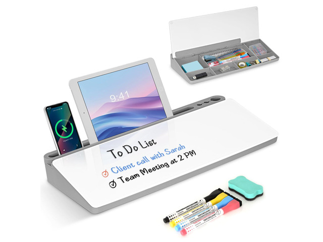 Desktop Glass Whiteboard with Storage, Desk Dry Erase White Board Gray Computer Keyboard Stand, Office Desk Organizers and Accessories with Drawer,...