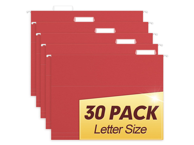 Hanging File Folders, 30 Pack Reinforced Letter Size Hanging Folders, Designed for Bulky Files, Filing Cabinet, 1/5-Cut Adjustable Tabs (Red)