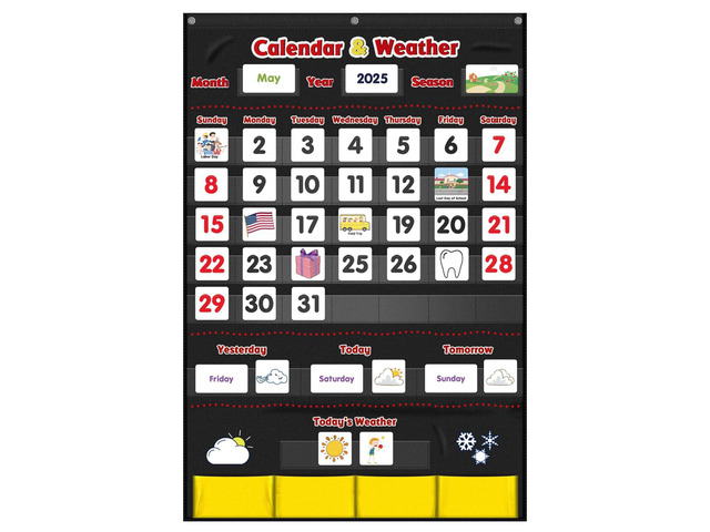 Calendar and Weather Pocket Chart, Classroom Organized Chart, 149 Pieces (Black)