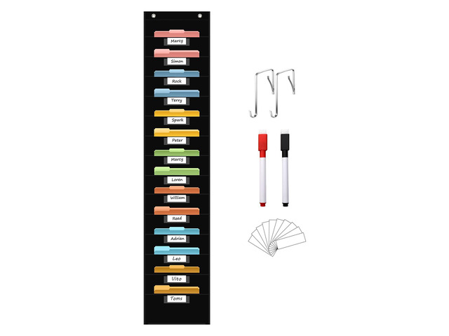 14 Pocket Hanging File Organizer with 14 Nametag Pockets. Black File Storage Pocket Chart for Classroom or Office Use. Perfectly Organizes...