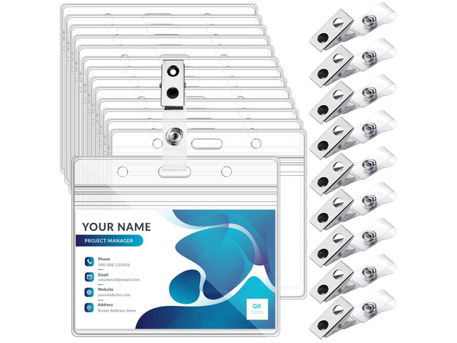 100 Sets Badge Holders and Metal Clips Horizontal Name Tag Holder with Clip Clear ID Card Holder with Clip Waterproof ID Badge Holder with Metal Clips