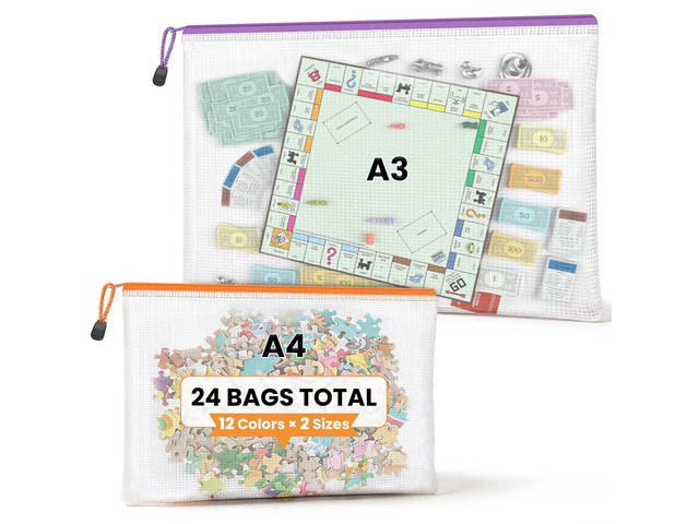 A3 A4 Mesh Zipper Storage Bags, 24 Pack 12 Colors Organizer Pouches 12pcs A3 & 12pcs A4 Bags, Large Sizes Store Artwork, Puzzles and Papers, While...
