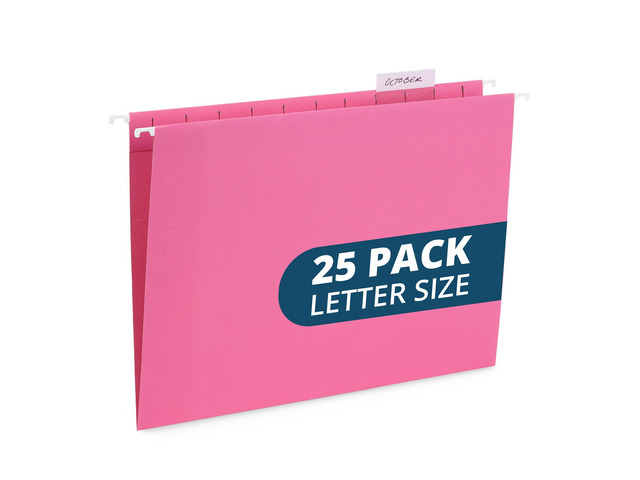 25 Hanging File Folders, Letter Size, Pink Reinforced 12pt, 1/5 Cut Tabs, Plastic Tabs and Inserts Included, for Filing Cabinet, Home, and Office Use