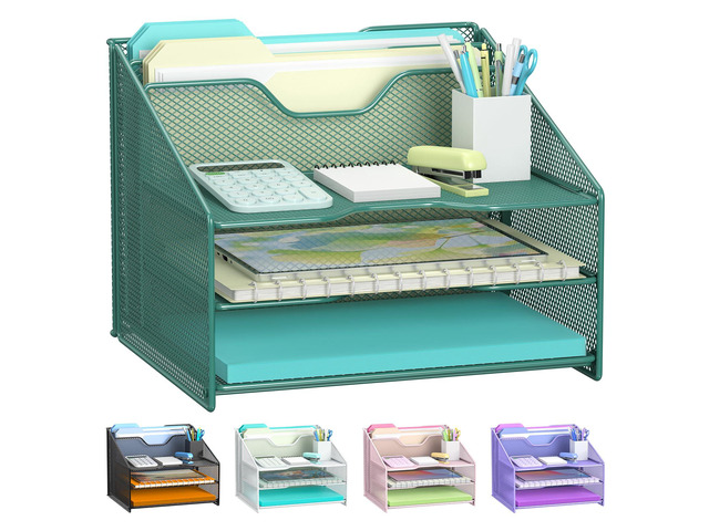 Green Desk File Organizer, Mesh Letter File Folder Holder with 3 Paper Trays and 2 Vertical Upright Section, for Office Supplies, Desk Accessories...