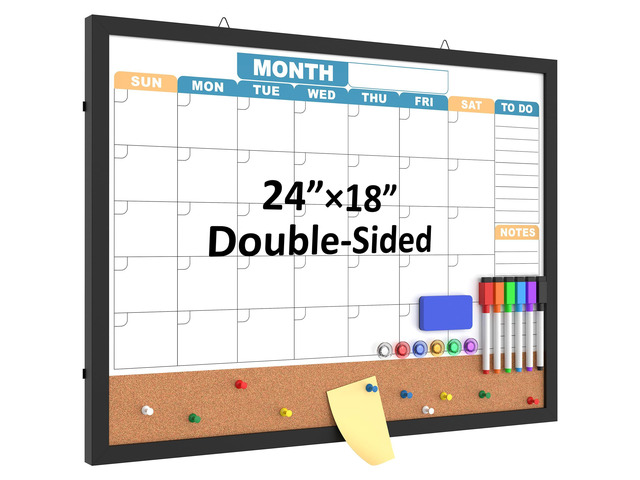 Monthly Calendar Dry Erase Board 24x18 Inch, Double-Sided Whiteboard and Corkboard Combo with Black MDF Frame (Color Calendar), Wall Mounted...