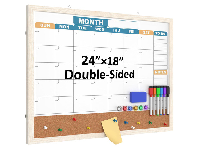 Monthly Calendar Dry Erase Board 24x18 Inch, Double-Sided Whiteboard and Corkboard Combo with White MDF Frame (Color Calendar), Wall Mounted...