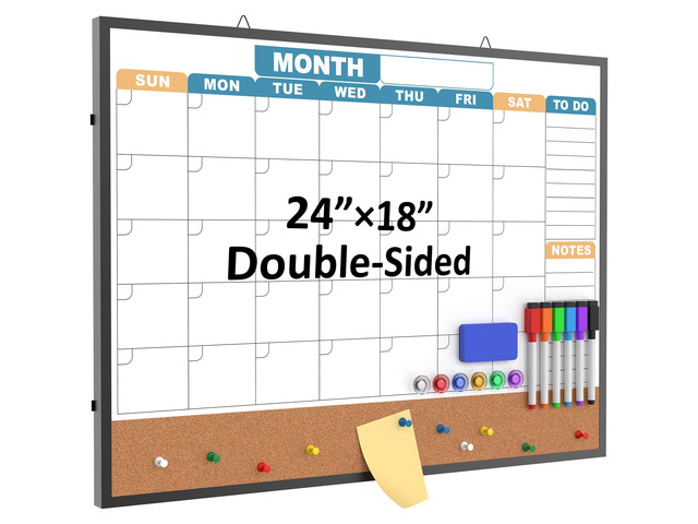 Monthly Calendar Dry Erase Board 24x18 Inch, Double-Sided Whiteboard and Corkboard Combo with Black Aluminum Frame (Color Calendar), Wall Mounted...