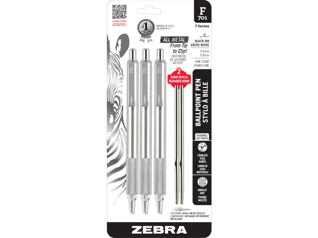 STEEL F-701 Retractable Ballpoint Pen, Black Ink, 0.8mm, 3-Pack Built for Tactical / EDC Use, Stainless Steel, Knurled Grip, Heavy-Duty...