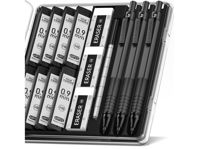 Metal Mechanical Pencil Set with Case, 0.9mm, 3PCS, Black 480PCS HB Lead Refills, 3 Erasers+9 Eraser Refills, Anti Grip, for Drafting, Engineering,...