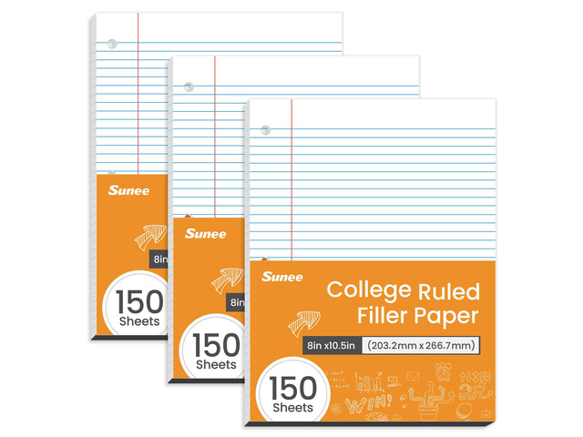 Loose Leaf Paper, 450 Sheets, 3 Pack College Ruled Paper, 8 x 10-1/2 Inch Filler Paper, 3 Hole Punch Binder Paper, Loose Leaf Notebook Paper, 150...