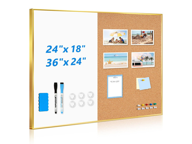 Magnetic Dry Erase White Board & Cork Board Combo, 36'x24', Wall Mounted Gold Aluminum Frame, Dry Erase Board and Cork Bulletin Board, Vision...