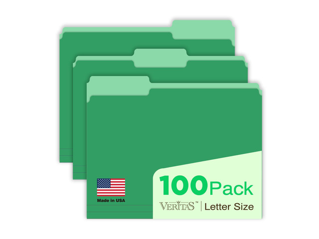 Green Folders File Folders 100-Pack Letter Size 8.5' x 11' Green Colored Folder with 1/3-Cut Tabs Durable Pressboard Folders for Office, School,...