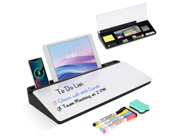 Desktop Glass Whiteboard with Storage, Desk Dry Erase White Board Stand Computer Keyboard Stand, Office Desk Organizers and Accessories with...