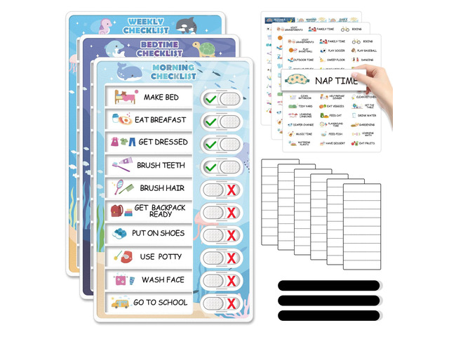 3 in 1 Bedtime/Morning/Weekly Routine Chart for Kids, Magnetic Chore Chart for Toddlers, Visual Schedule for Kids Toddlers Schedule Board for Home