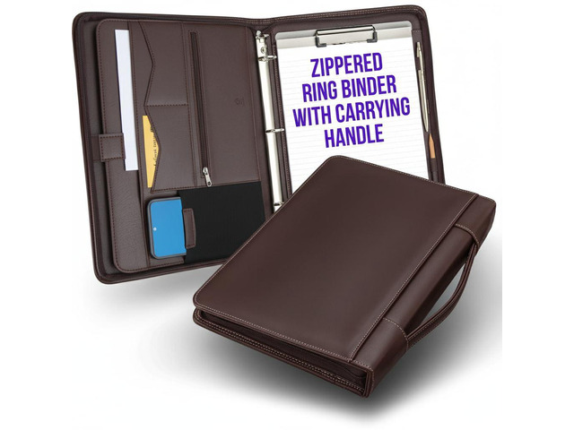 Walnut Zipper Portfolio Binder w/Carrying Handle Removable 3-Ring Binder (1') w/Clipboard Padfolio Organizer for Documents, iPad, Tablet,...