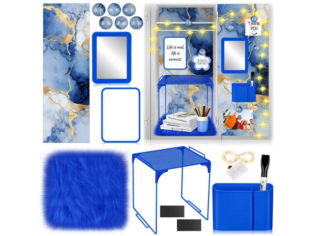 18 Pcs Blue Gold Marble Locker Organizer Kit Includes Locker Magnetic Wallpaper Shelf Cute Mirror Pen Holders and Organizing Supplies Back to...