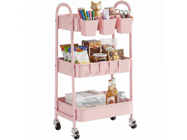 3-Tier Rolling Cart, Utility Cart Mobile Metal Rolling Storage Cart with Lockable Wheels & Hanging Cups & Hooks for Kitchen, Bathroom, Office,...