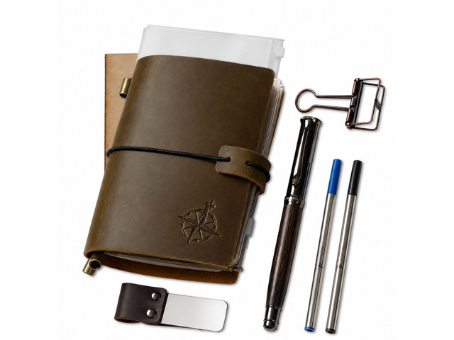 Pocket Size Travelers Notebook Bundle 4' x 5.1' (10 x 13cm) Genuine Leather Journal with Pen Holder, Pen, 2 Ink Refills, PVC Folder & Binder Clip